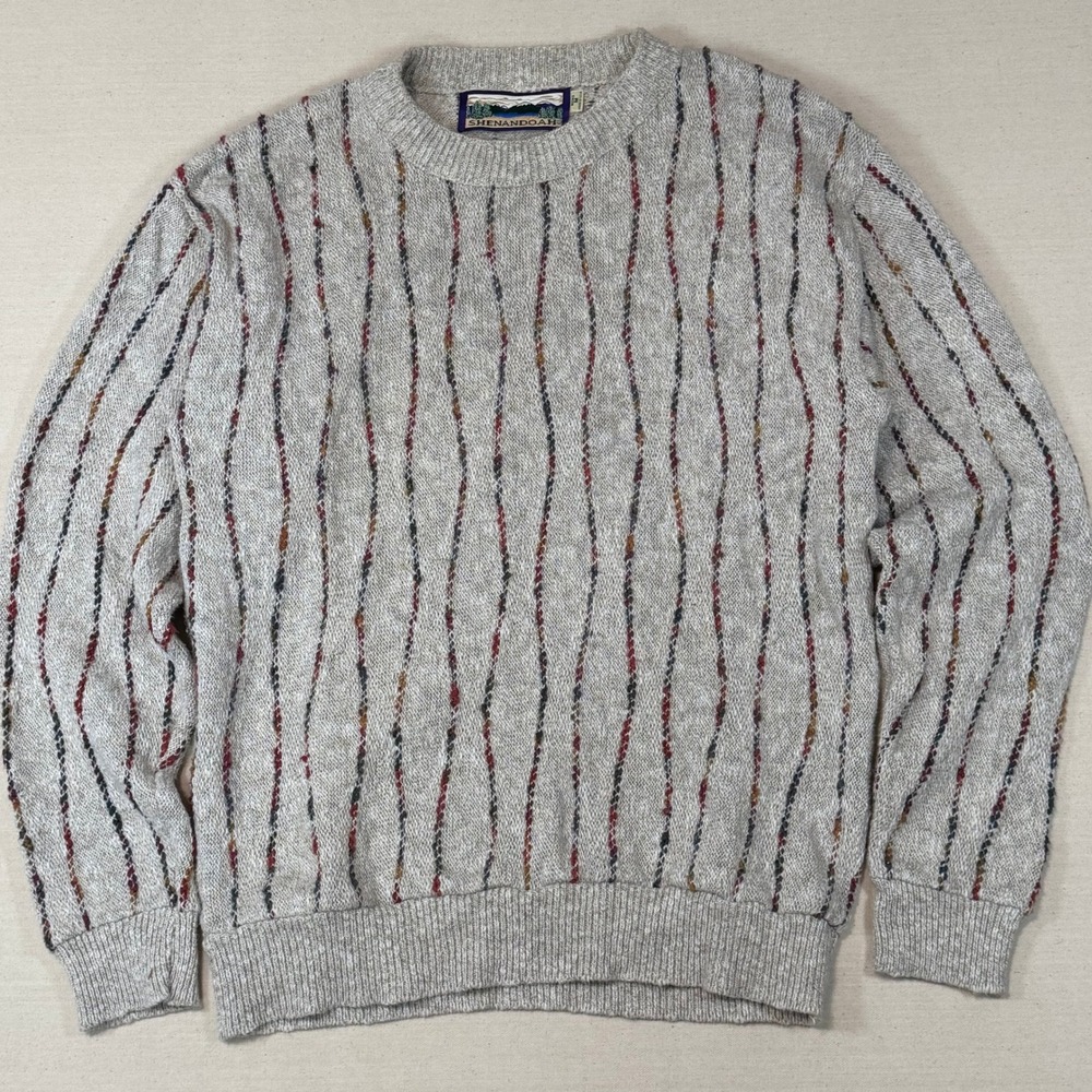 Vintage Shenandoah Sweater Mens Medium USA Made Textured Vertical Stripe Oatmeal
